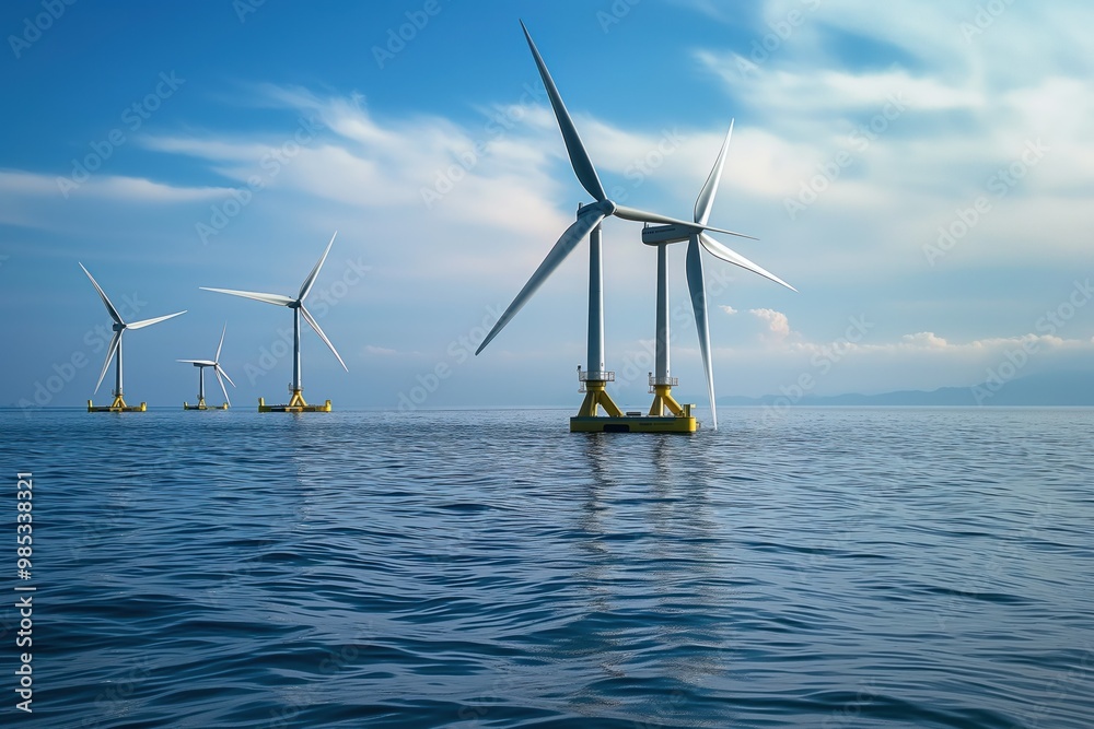 Wall mural offshore wind turbines installed in the ocean. blue waters and greenish-blue sky. sustainable renewa