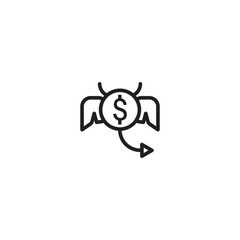 Icon of a coin with wings and a tail. This icon represents the concept of money flying away or being lost. Editable icon.
