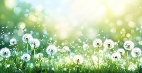 Obraz premium White dandelion flowers with seeds blowing in a green field with a bokeh background.