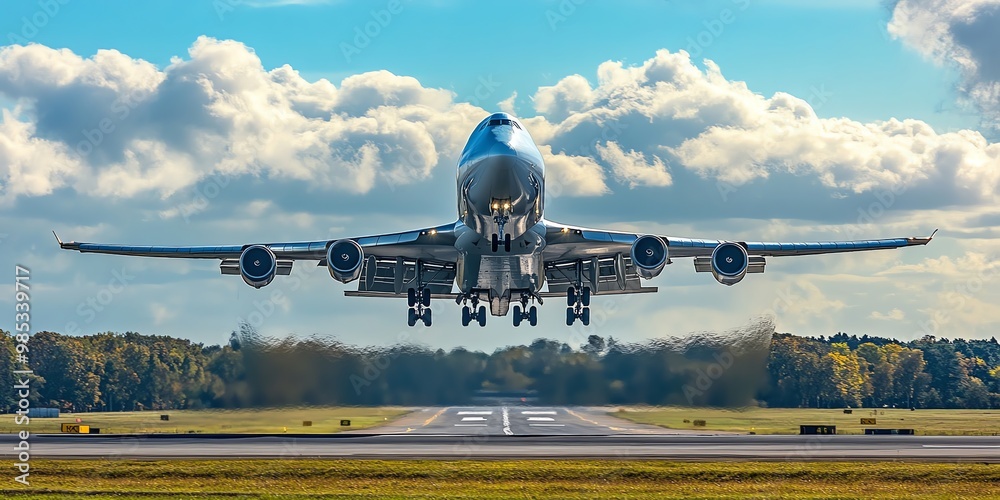 Poster large commercial airplane taking off from a runway with a blue sky and white clouds in the backgroun