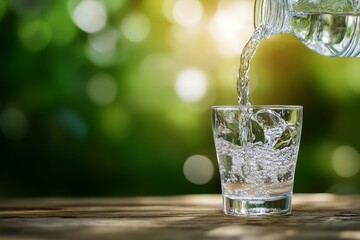 Pouring fresh water into a glass on wooden surface, green background.