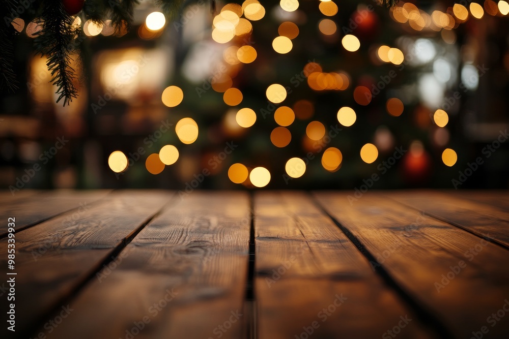 Poster wooden table top with a blurred background of christmas lights and a tree.
