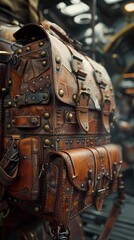 Naklejka premium Steampunk Leather Backpack: Vintage Style and Adventure