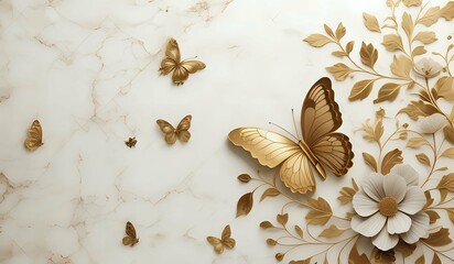 marble background with flower designs and butterfly silhouette, wall decoration in gold tones