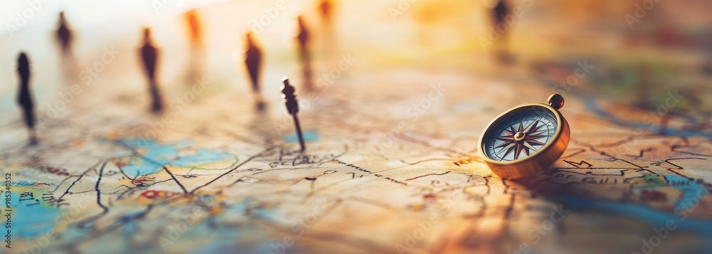 Poster a compass rests on a map with pins indicating potential destinations.