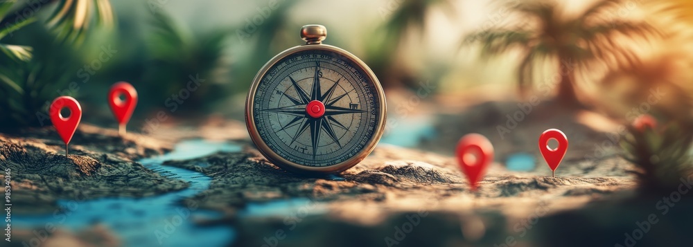 Aufkleber a vintage compass sits on a map with red push pins marking destinations.