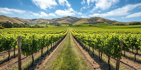Naklejka premium Lush rows of grapevines in a vineyard with green grass and hills in the background.