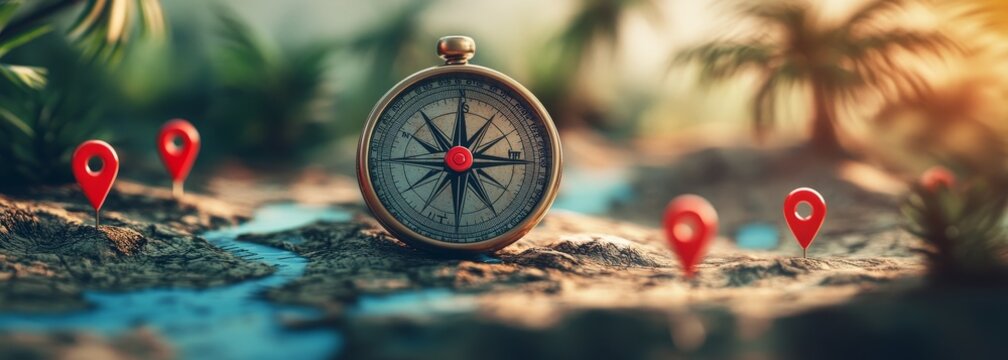 A vintage compass sits on a map with red push pins marking destinations.