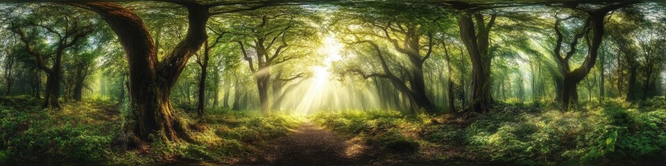 Obraz premium A sunlit path through a lush forest, with light streaming through the trees.