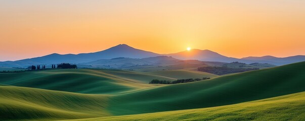 Soft sunset over rolling hills, warm golden light cascading over the landscape, soft nature, breathtaking countryside calm