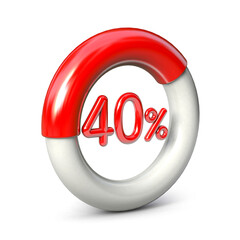 40% red circular pie chart isolated on white background. 3d illustration.