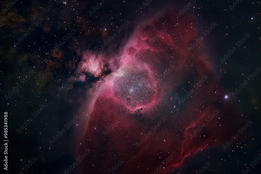 Wall mural rosette nebula in milky way galaxy background. luminous star cluster shines brightly in dark space. 