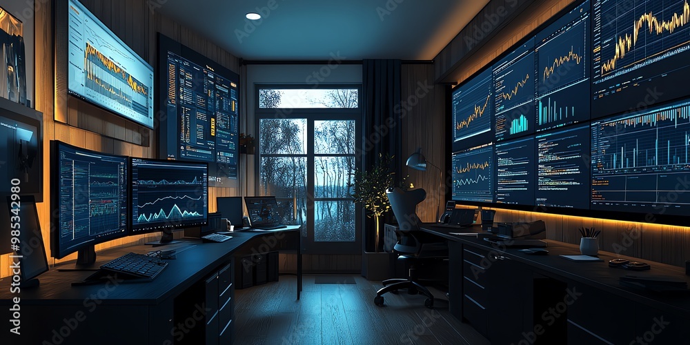 Poster Modern home office with large monitors displaying financial data, a desk with a keyboard, and a comfortable chair.