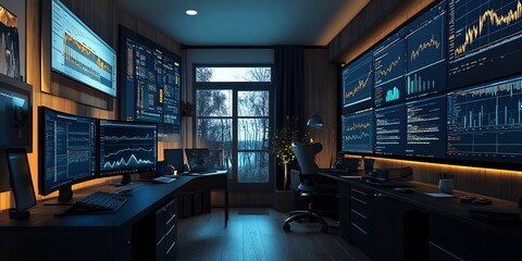 Modern home office with large monitors displaying financial data, a desk with a keyboard, and a comfortable chair.