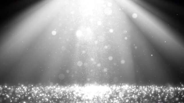 Falling snowflakes, illuminated by glowing light rays, moving gently through the air like tiny crystals in a frosty winter landscape.