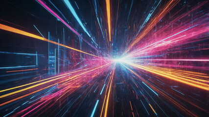Digital art image featuring a vibrant and dynamic abstract design. Blend of horizontal and diagonal lines, creating a sense of motion and speed with a colorful array of light trails.