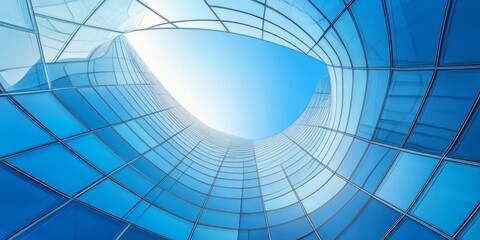Looking up at a modern glass building with a curved facade, revealing a bright blue sky.