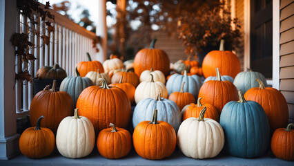 Halloween evening.Porch stoop home decorated with an assortment of vibrant pumpkins.