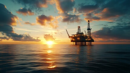 Obraz premium Oil Rig Silhouetted Against a Dramatic Sunset