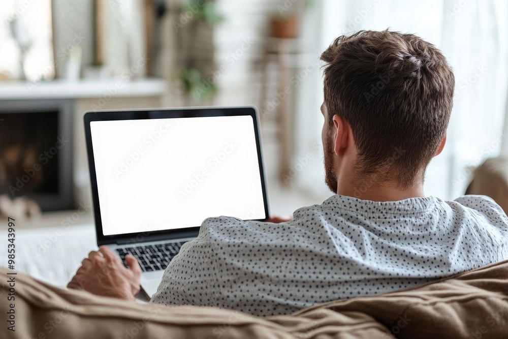 Poster man sitting on couch with laptop in front of him, looking at the screen.