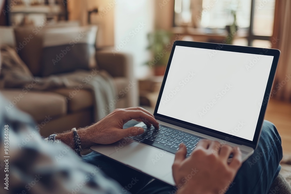 Poster Closeup of a man's hands typing on a laptop computer with a blank screen.