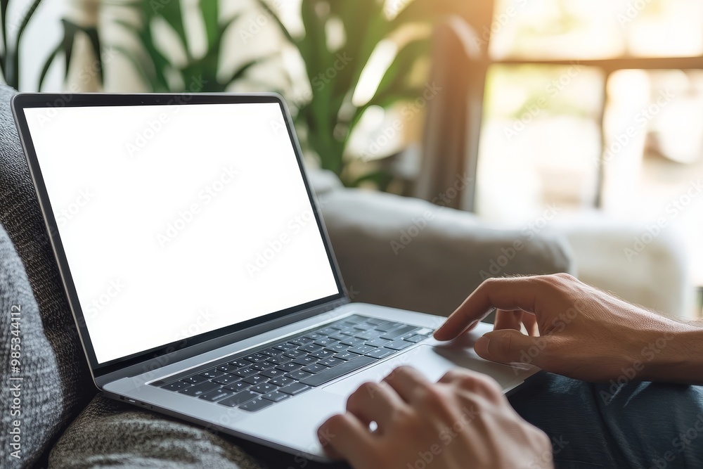 Poster close up of a person using a laptop with a blank screen, sitting on a couch in a home office.