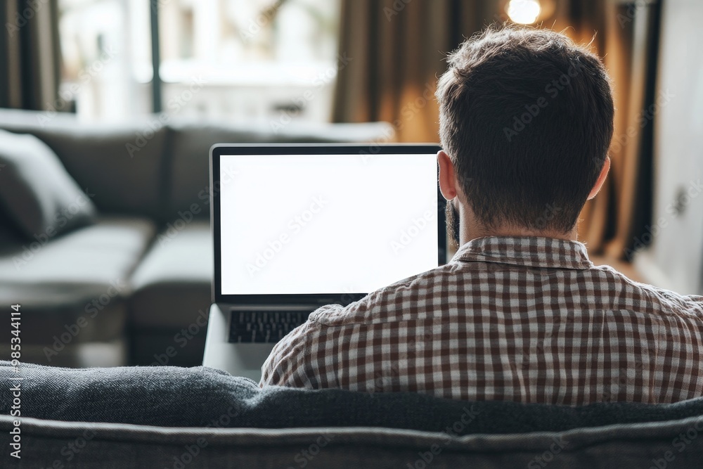 Poster Man sitting on a couch using a laptop with a blank screen.