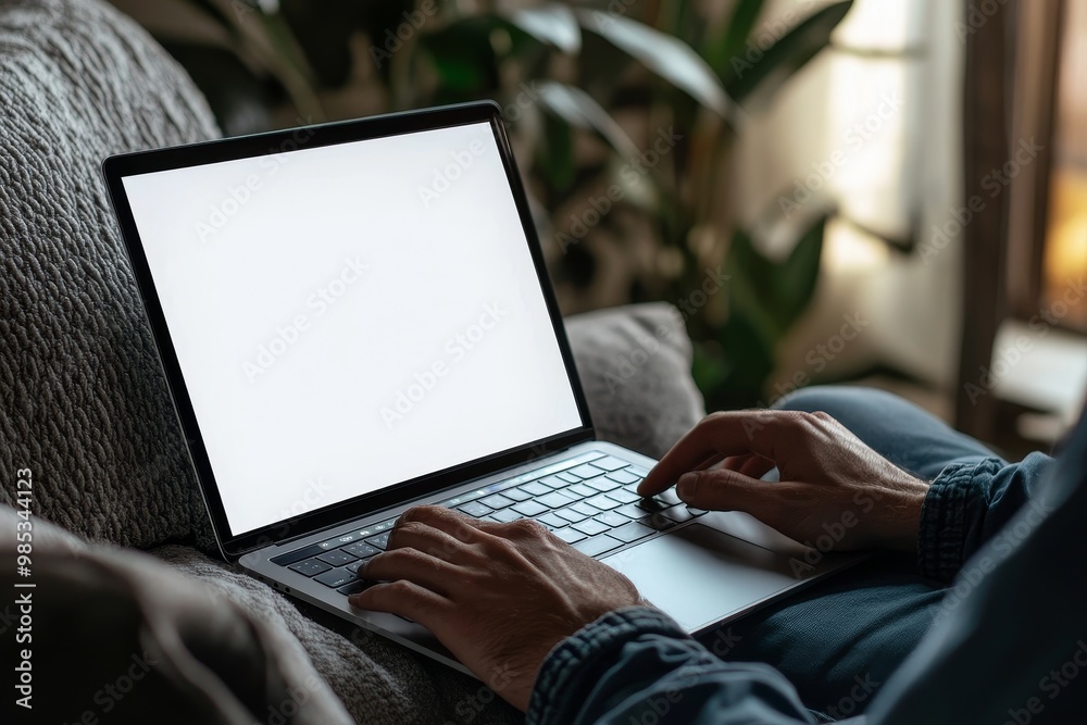 Poster close-up of hands typing on a laptop with a blank screen, sitting on a couch.