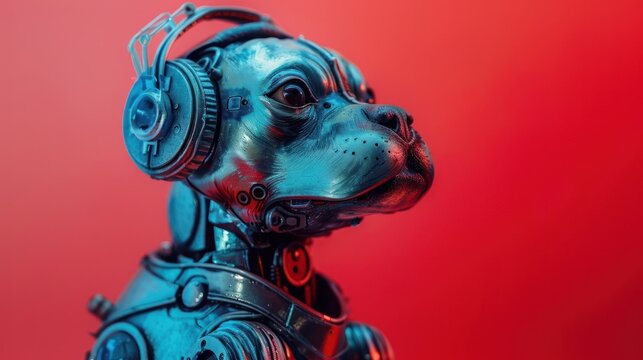 Futuristic robot dog wearing a headset on a red background AI generated image