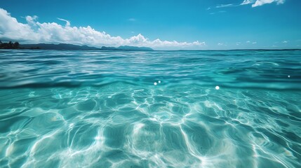 A serene view of crystal clear ocean water, reflecting the sky and creating a tranquil atmosphere perfect for relaxation.
