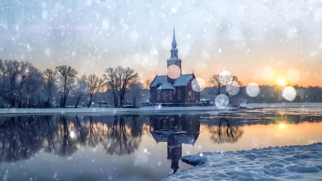 A quiet winter morning by the lake, the rising sun slowly shone down on the old church, its light reflecting off the frozen water, Seamless looping 4k time-lapse animation video background