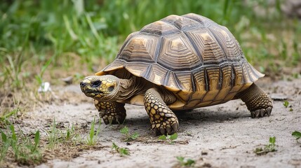 Fototapeta premium Close-up of a tortoise walking slowly across a natural environment. The tortoise's shell features intricate patterns and textures, highlighting its rugged, ancient appearance. 