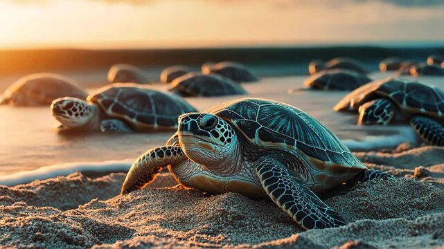 Turtles making their way to the ocean at sunset on a beautiful beach