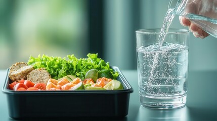 A person filling a glass with water while a meal prep container filled with healthy food sits nearby, symbolizing the balance of hydration and meal planning for weight loss