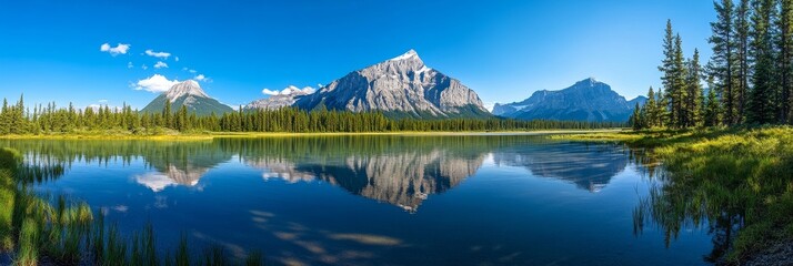A serene mountain lake reflecting snow-capped peaks under a clear blue sky.