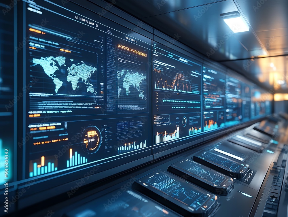 Poster Multiple screens displaying graphs, charts, and maps with blue and orange hues.