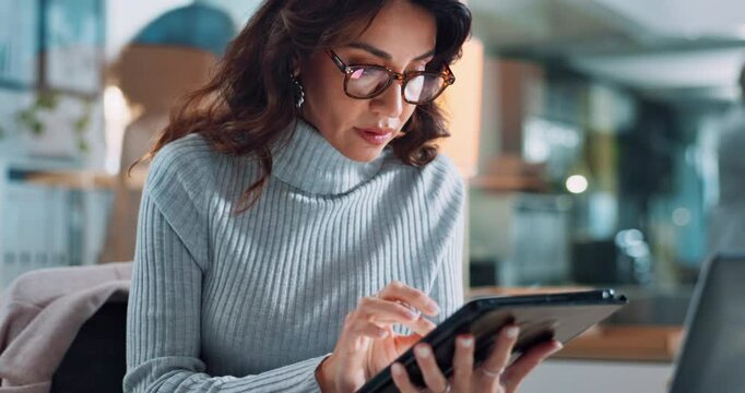 Research, tablet and website with woman in office for planning, rpa management and ai software development. Networking, technology and chatbot project with person in digital agency for startup