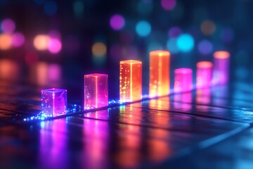 Neon glowing bars on a wooden surface with a bokeh background.