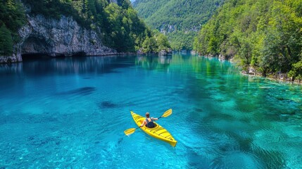 A serene kayak adventure on a crystal-clear lake surrounded by lush greenery and stunning mountains, perfect for nature lovers.