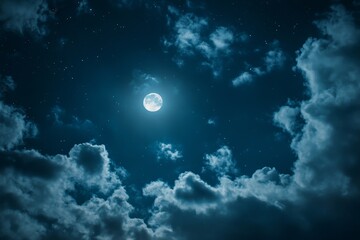 A bright full moon shines through fluffy clouds in a night sky filled with stars.