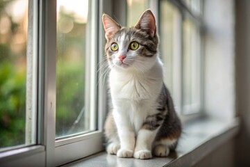 Cute gray and white cat sitting on a windowsill, looking out at the world with a curious expression.