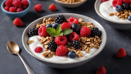 Fresh & Wholesome: Granola and Yogurt with Berries, Ideal for Advertising and Copy Space