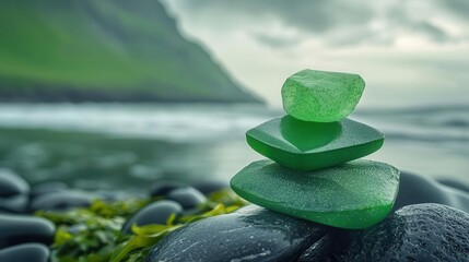 A coastal area with microplastics trapped in seaweed, where natural degradation processes are visibly at work, representing the interaction between pollution and biodegradation