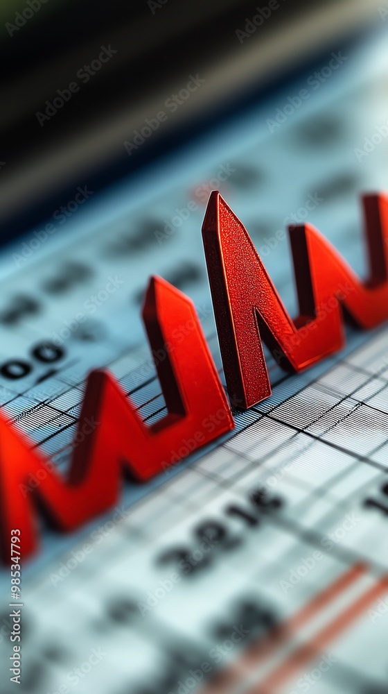 Poster Red arrow graph pointing upwards against a blurred background.