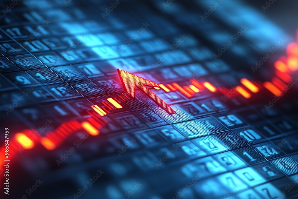 Poster red arrow pointing upward on a blue screen with numbers, indicating growth and success.
