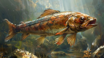 Fototapeta premium Golden Fish Underwater: A Detailed Painting