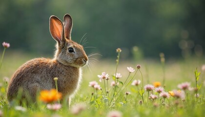 Cute brown bunny rabbit standing in a field of green grass and wildflowers
