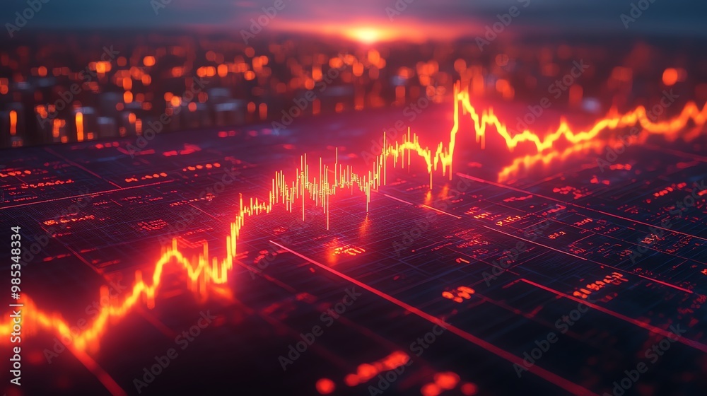 Aufkleber red glowing graph with a cityscape in the background.