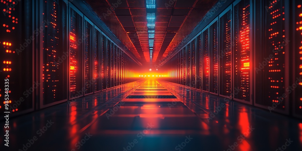 Aufkleber red glowing lights illuminate a server room hallway, creating an abstract and futuristic scene.