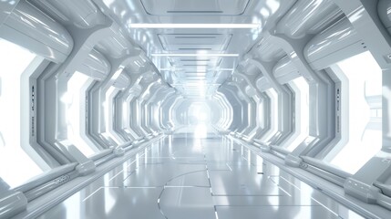 Futuristic corridor in bright white AI generated image